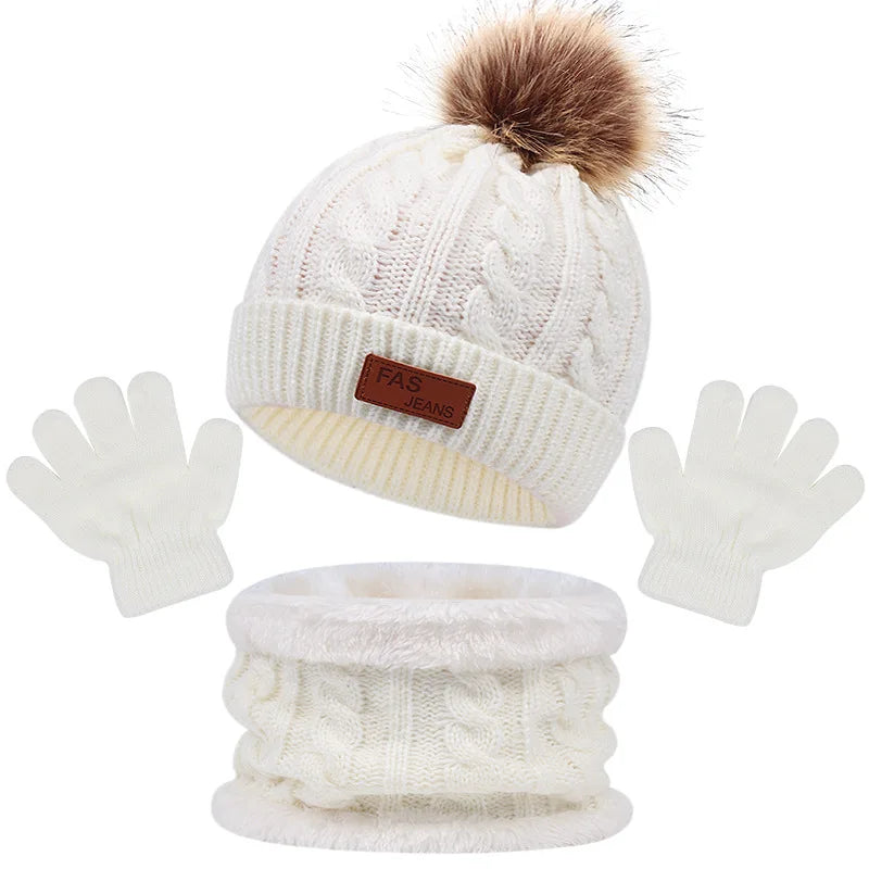 3PCS Set Cute Wool Pompom Baby Hat Scarf