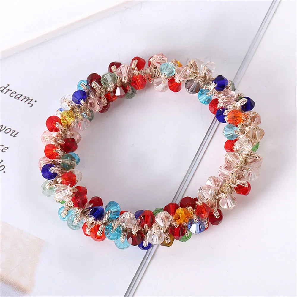 1pc Women Crystal Pearls Hair Rope Handmade Elastic