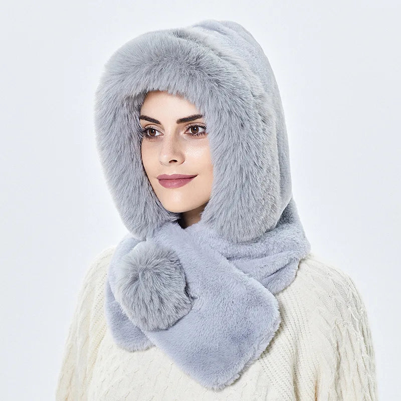 Women Winter Warm Fur Hat Scarf Plush Earflaps