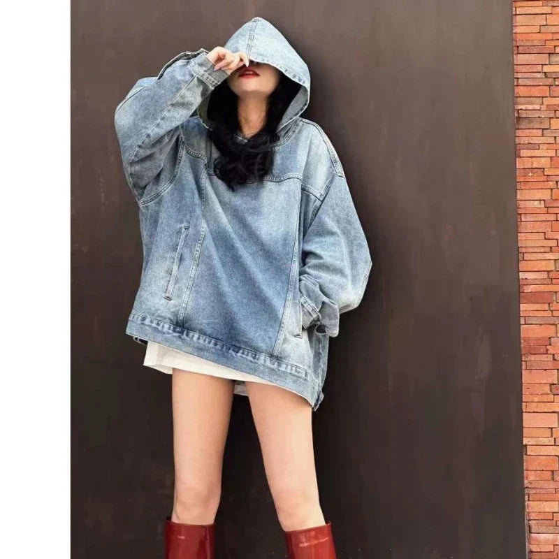 Spring Autumn Women Jacket Vintage Denim Hoodie Sweatshirts