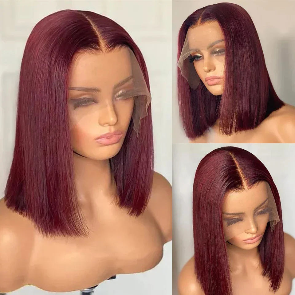 Bob Wig Human Hair Burgundy 99J Straight 13X4