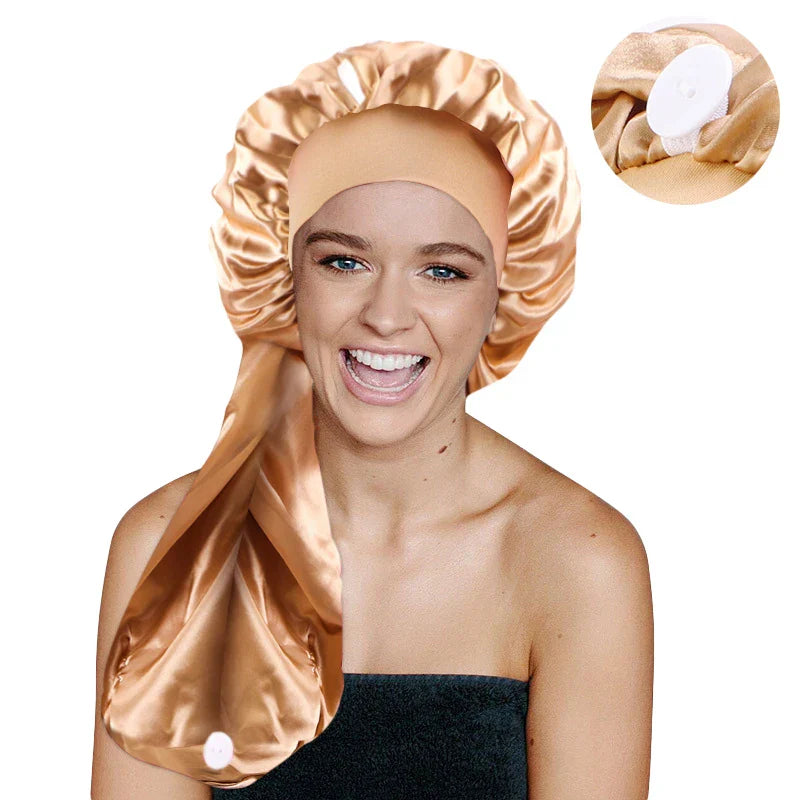Satin Long Nightcap Wide Edge Adjustable Bonnet Women