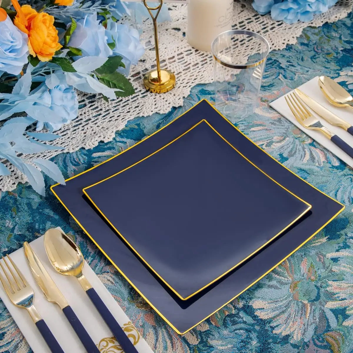 Nervure 140 PCS Blue Dinnerware Sets Disposable Square