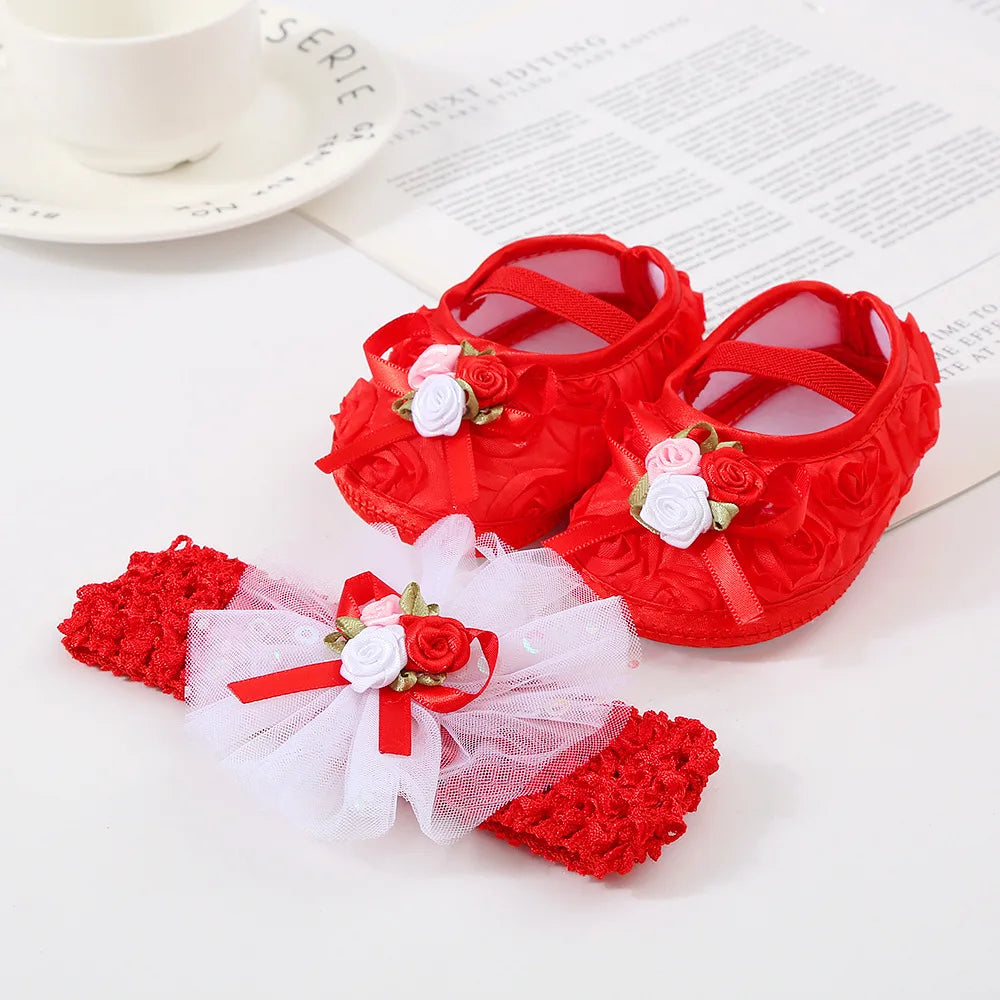 0~18M Cute Bowknot Newborn Baby Shoes Headband Set