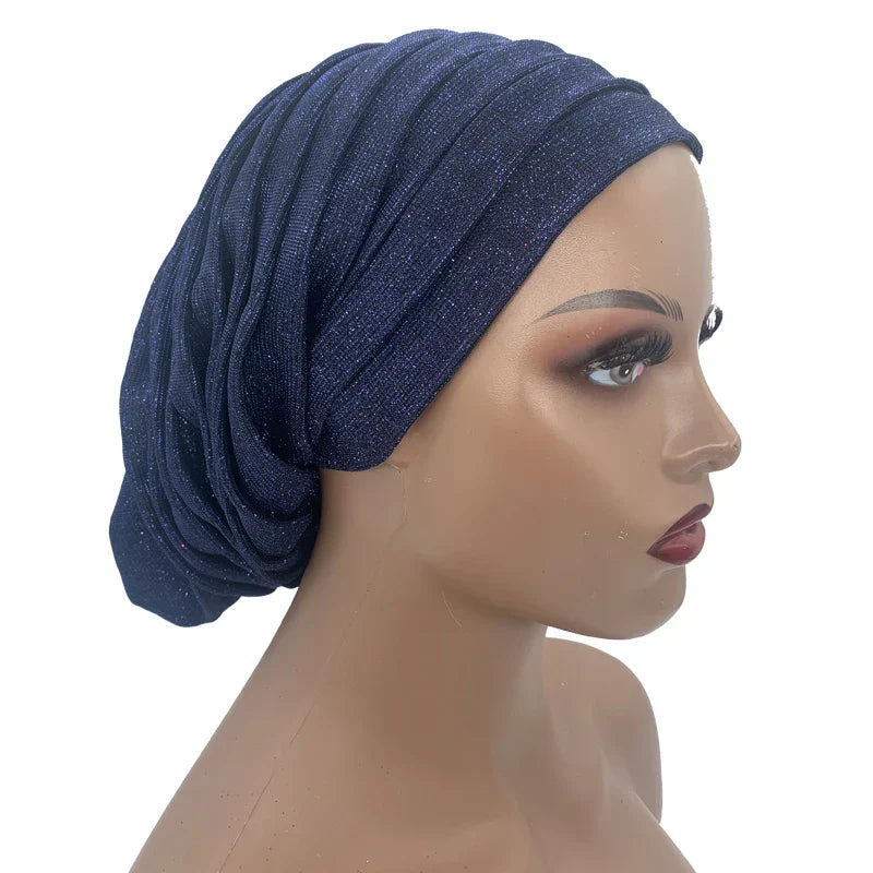 Glitter Pleated African Turban Cap Womens Head Wraps