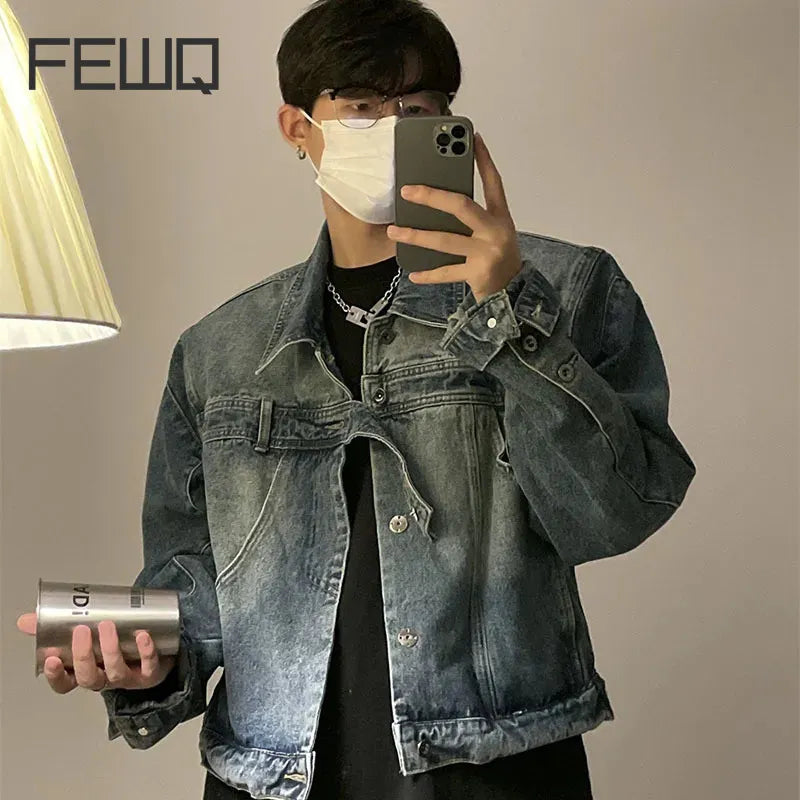 FEWQ Men's Design Denim Jacket American 2023 Vintage