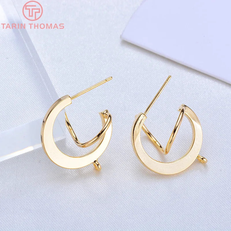 6PCS 20MM 24K Gold Brass Round S-Line Stud Earrings