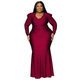 Solid Color Elegant Evening Dress Long Sleeve Plus