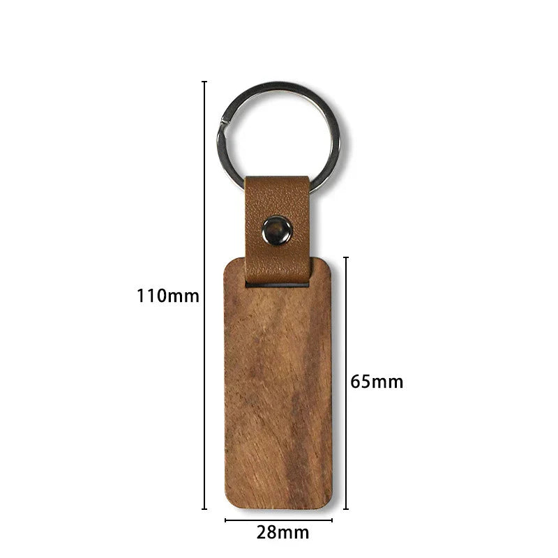 50Pcs Rectangular Wood Keychains Blank PU Leather Keyrings