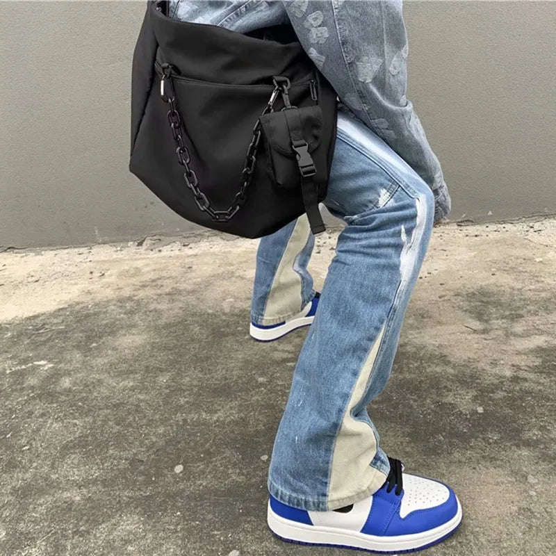 2023 Y2K Patchwork Washed Blue Baggy Flare Jeans