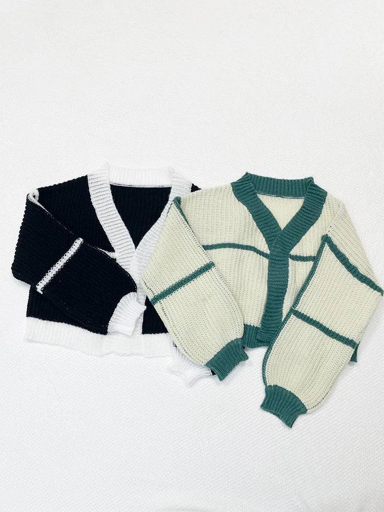 Autumn Winter Color Contrast V-neck Lady Knitting Cardigan
