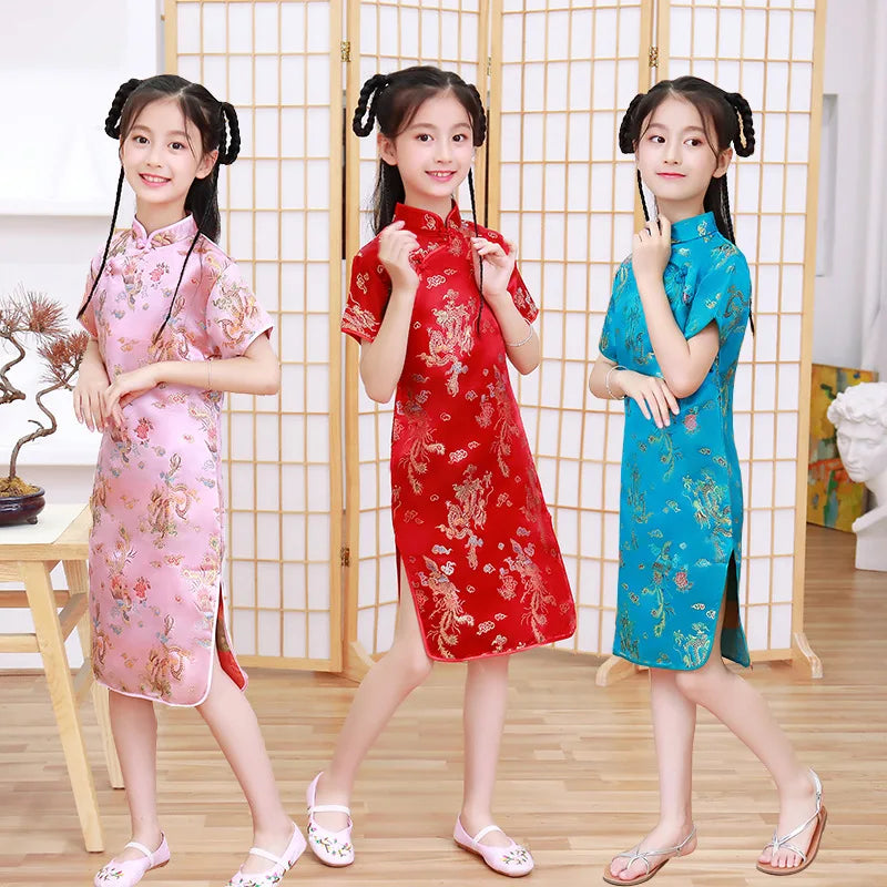 Summer Children Cheongsam Dragon Phoenix Embroidery Qipao Princess