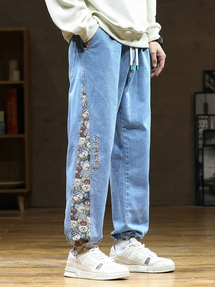 Spring Autumn Men's Straight Jeans Fashion Bear Patchwork