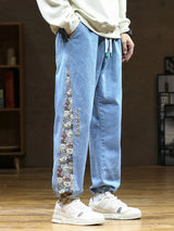 Spring Autumn Men's Straight Jeans Fashion Bear Patchwork