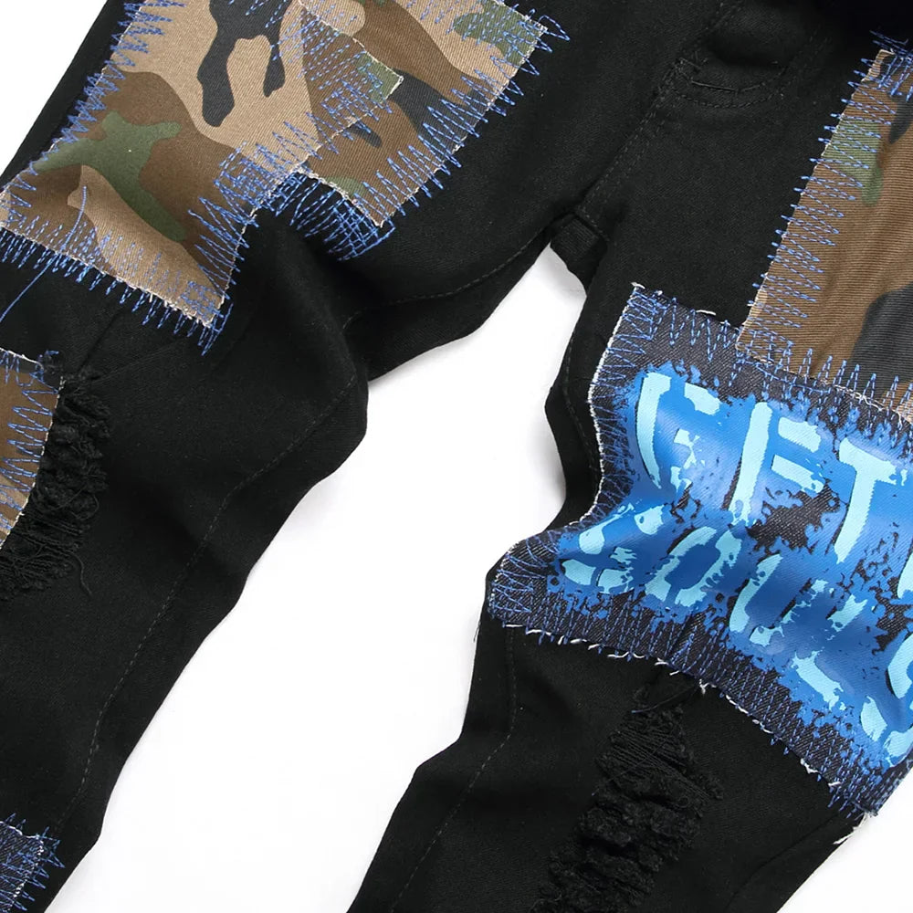 Men Camouflage Patches Stretch Denim Jeans Punk Black