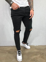 Distressed Knee Holes Elastic Skinny Jeans Men Ripped