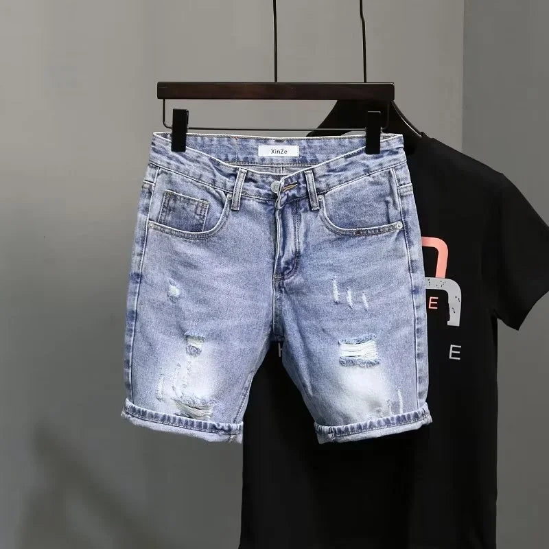 Men's Summer Blue Denim Shorts Brand Rotten Pockets