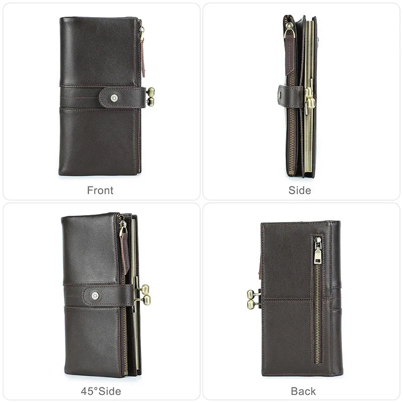 Contact'S Metal Frame Long Wallet Women Card Holder Oil Leather Purse Hasp and Zipper Woman Hold 6.7" Phone Coin Pocket