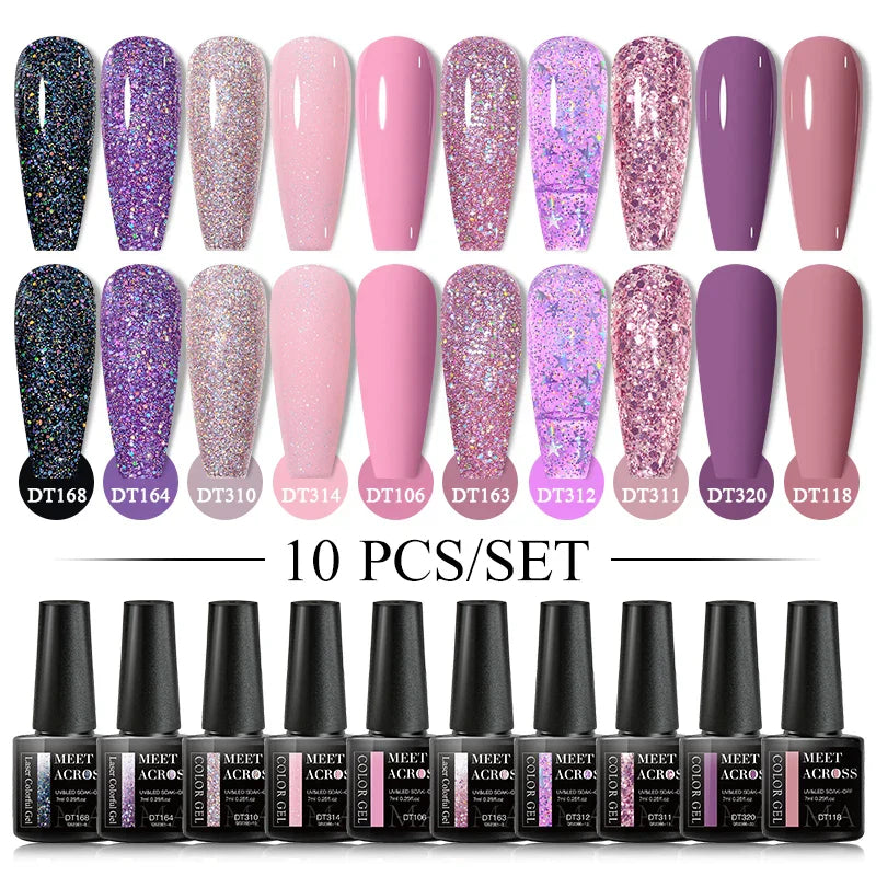 10Pcs Nude Glitter Gel Nail Polish Set Purple