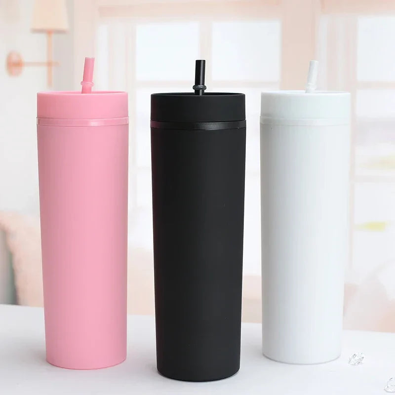 Plastic Straw Cup Double-Layer Water Bottles Coffee Cup