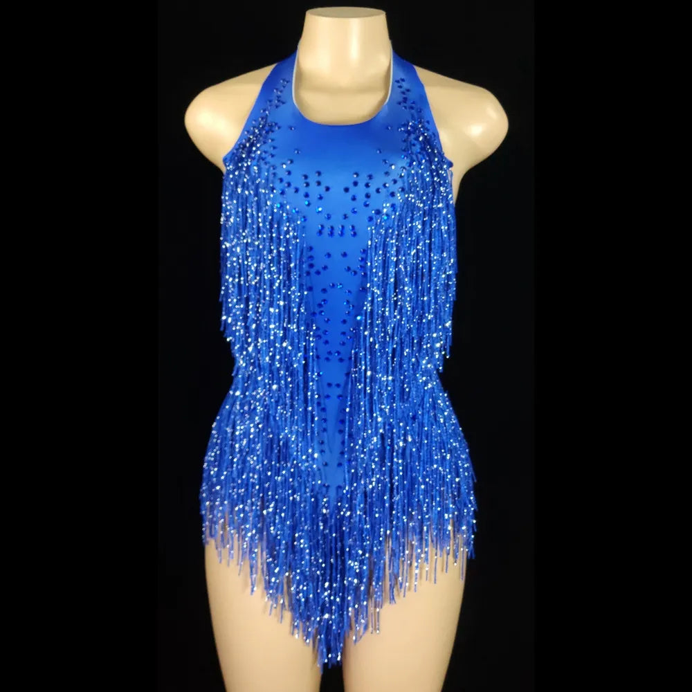 Sparkly Crystals Fringes Bodysuit Sexy Tassel Leotard Jazz