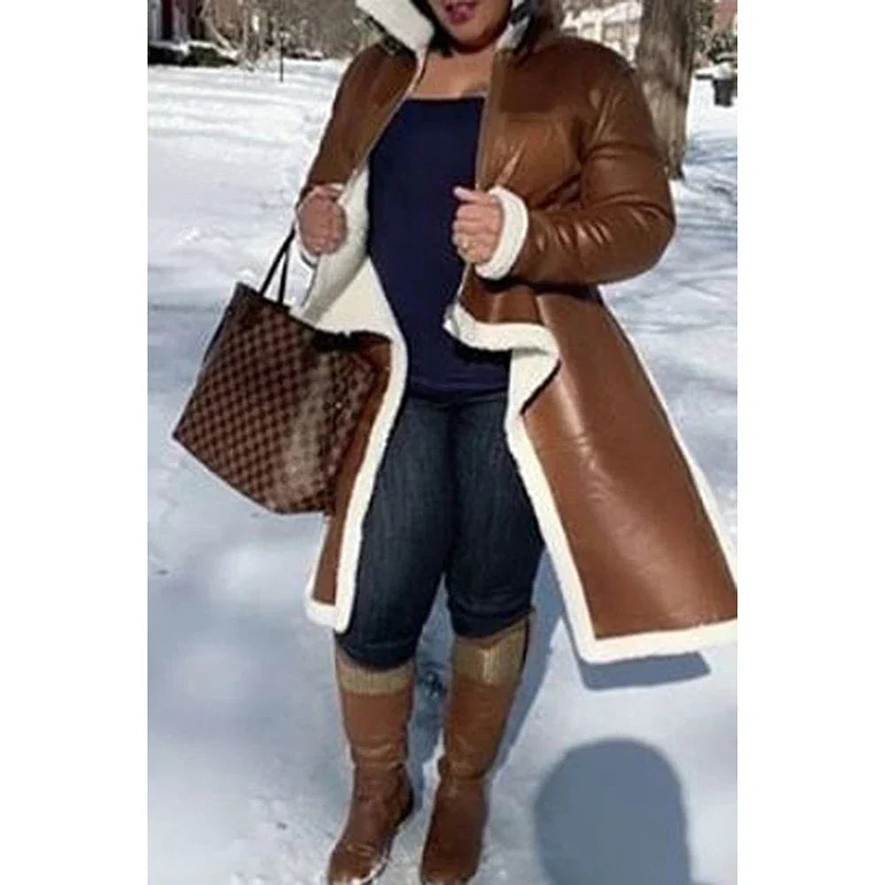 Plus Size PU Leather Teddy Turtleneck Ruffle Asymmetrical