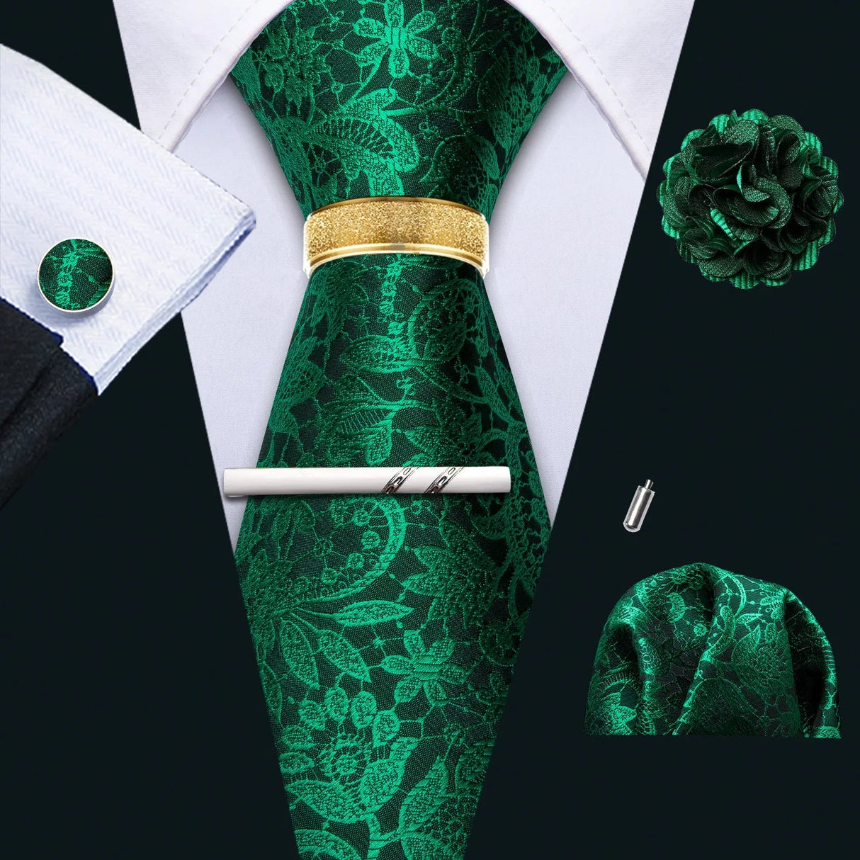 Barry.Wang Silk Mens Tie Hanky Cufflinks Clip Brooch