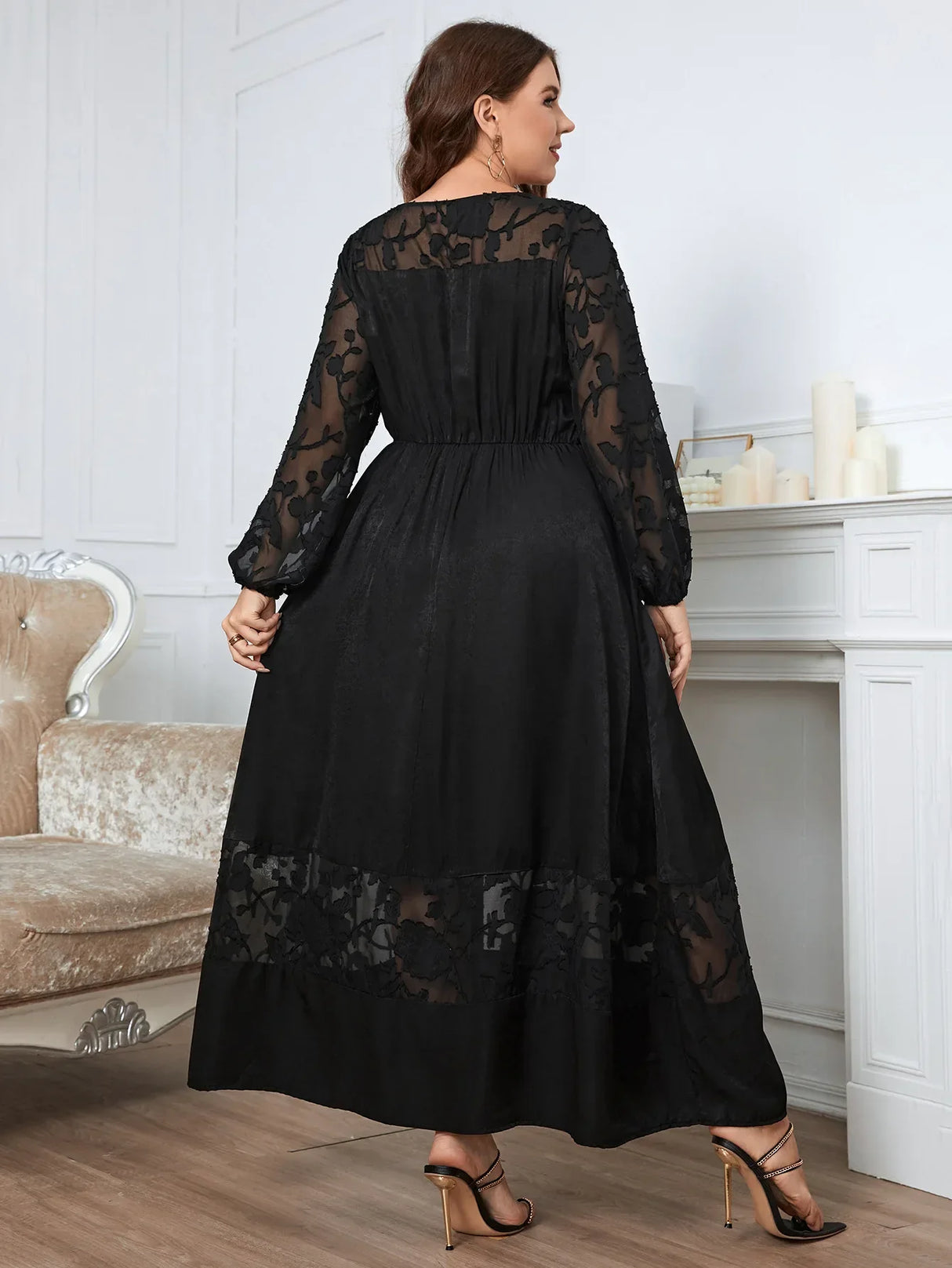 Plus Size Lace Women Dress See Through Long
