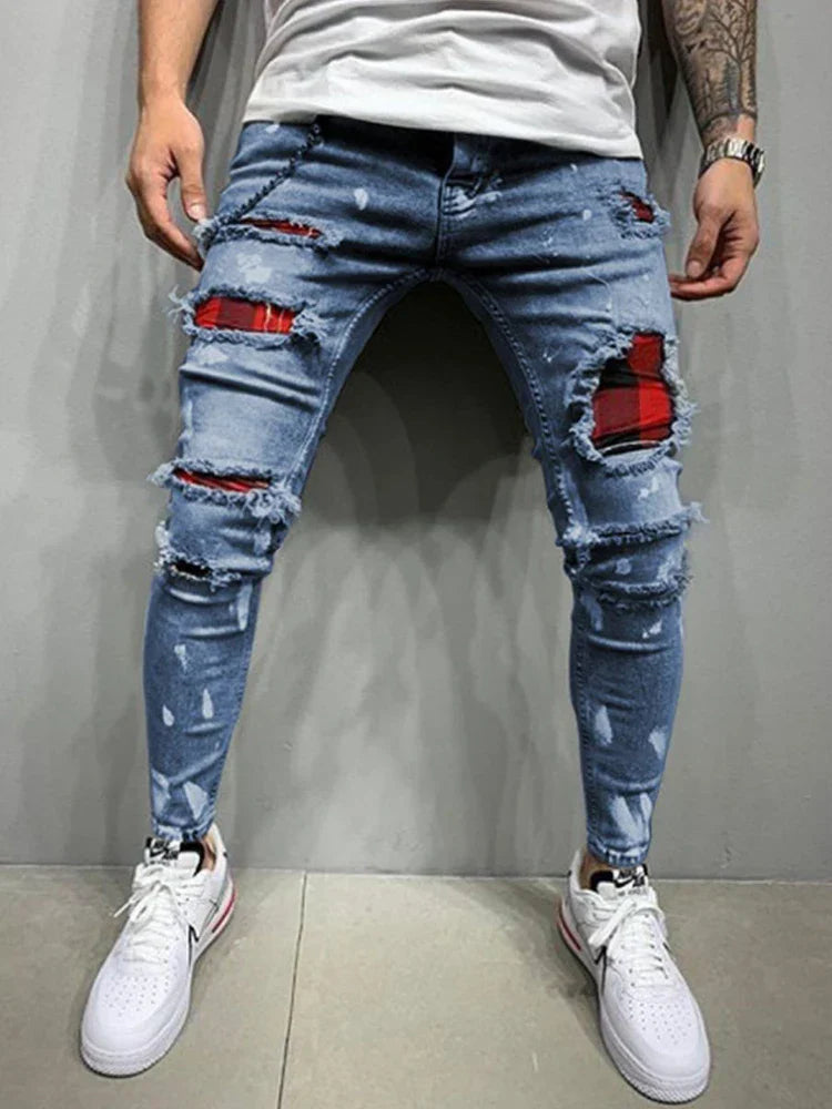 Distress Plaid Patch Holes Streetwear Ripped Skinny Jeans