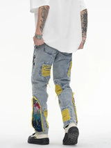 Chinese Painting Embroidered Patch Denim Ripped Jeans
