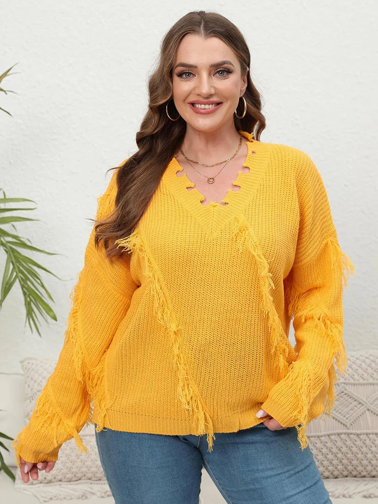 GIBSIE Plus Size V Neck Long Sleeve Pullover