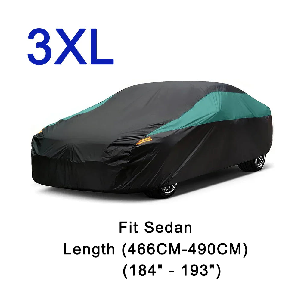 Universal Full Car Covers Outdoor Waterproof Sun Rain Snow UV Protection Black Green Splicing Color Cover Fit SUV/Sedan/Hatchbac