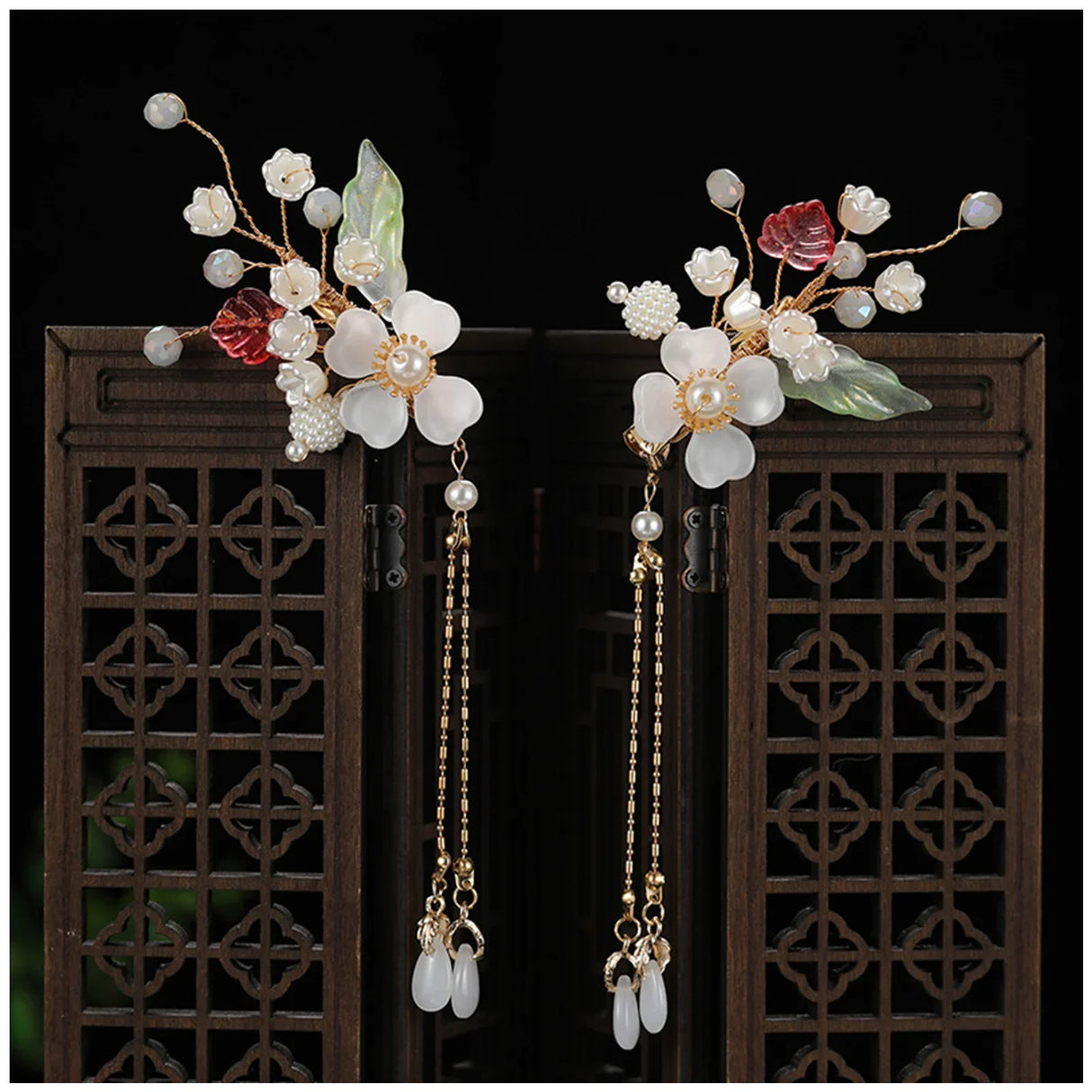 1pair Chinese Hanfu Hair Accessories Red Flower Hairpins