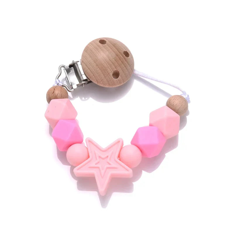 Baby Pentagram Silicone Beads Pacifier Chain Wooden Teether