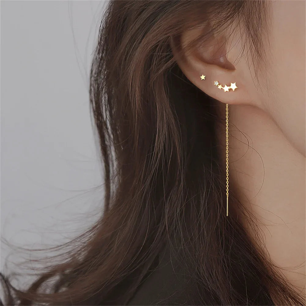 INS Star Long Tassel Ear Wire Trendy Silver