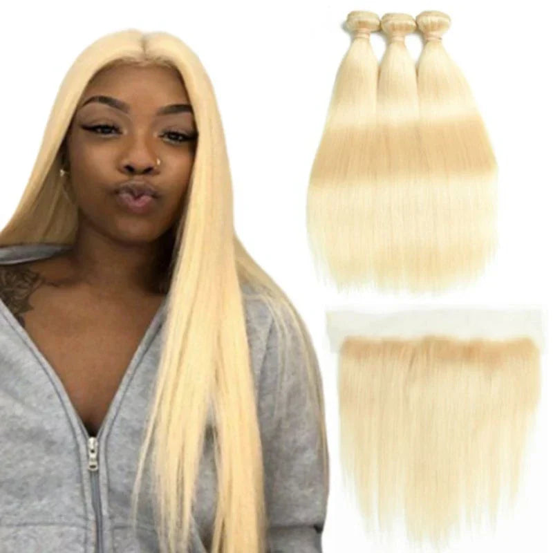 Elfriede #613 Blonde Straight Bundles with Frontal Brazilian