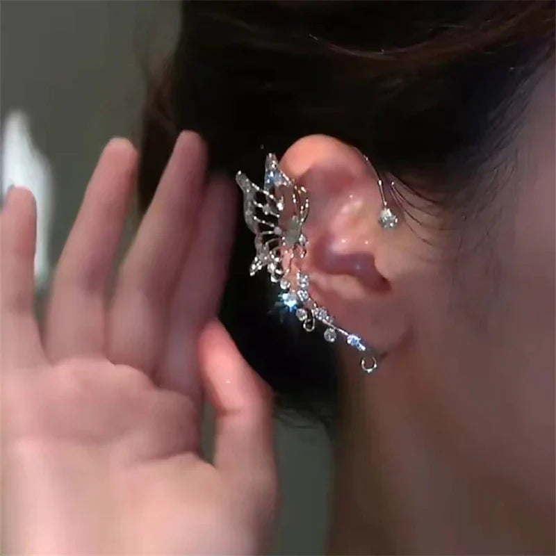 Fashion Sparkling Long Tassel Crystal Stars Ear Clip