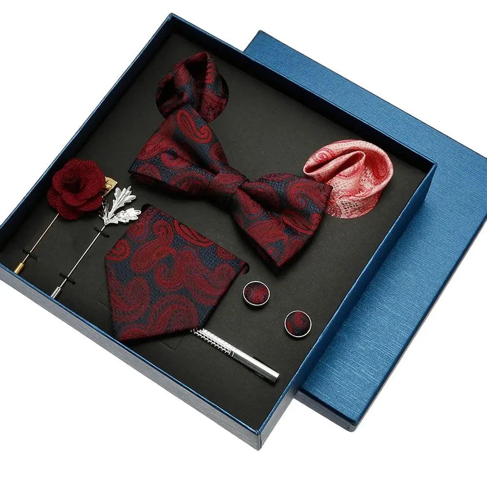 Black Mens Neck Tie Gift Set Bowtie Pocket