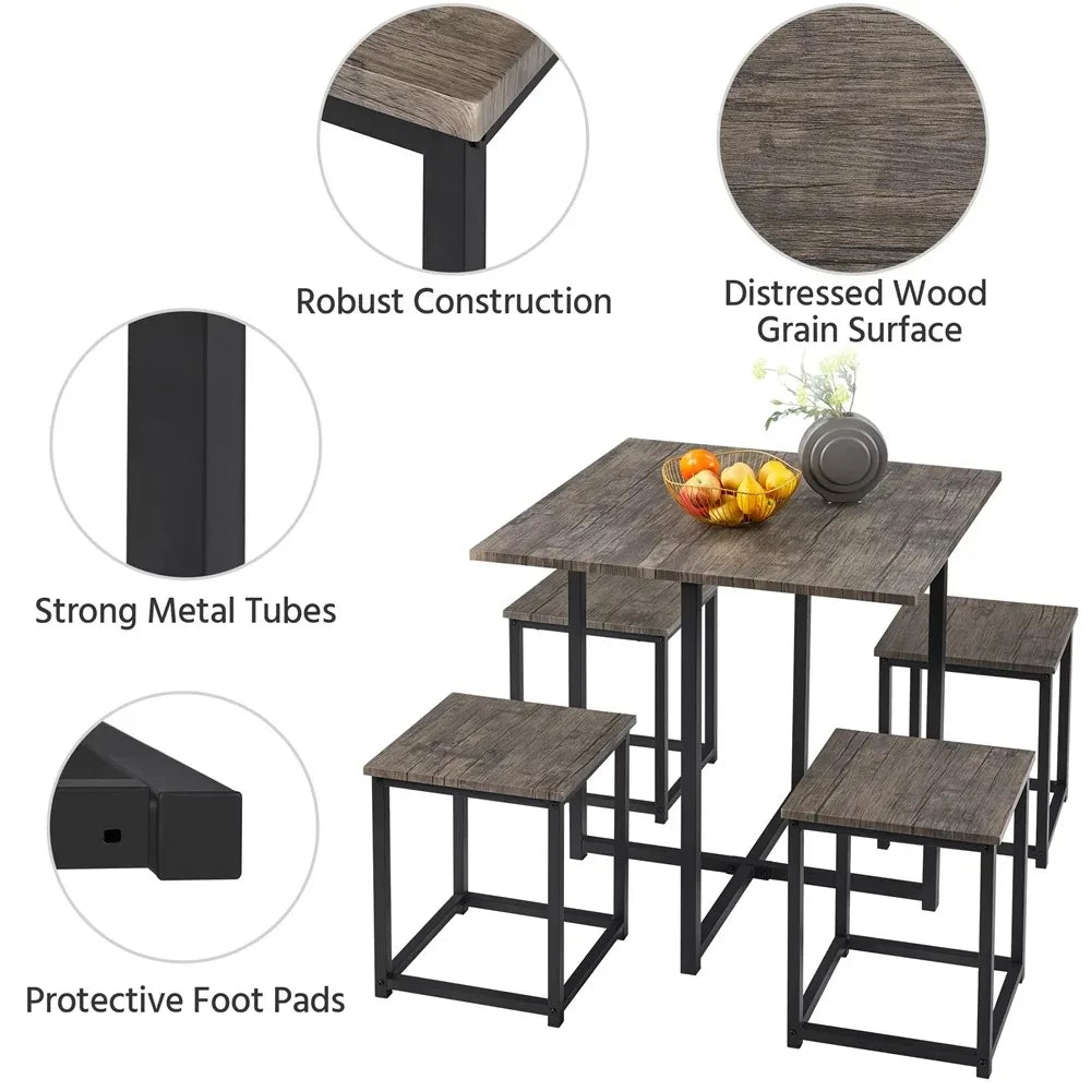 5Pcs Dining Set with Industrial Square Table and