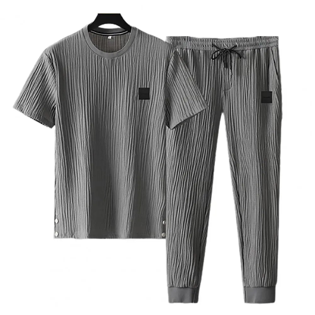 Summer Men Pleated Shirt Pants Two-pieces Set Thin