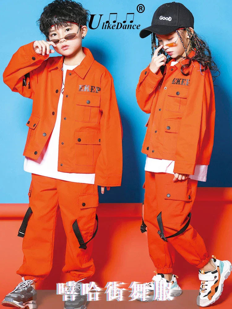 Kids Jazz Costumes Orange Long Sleeve Jacket Pants