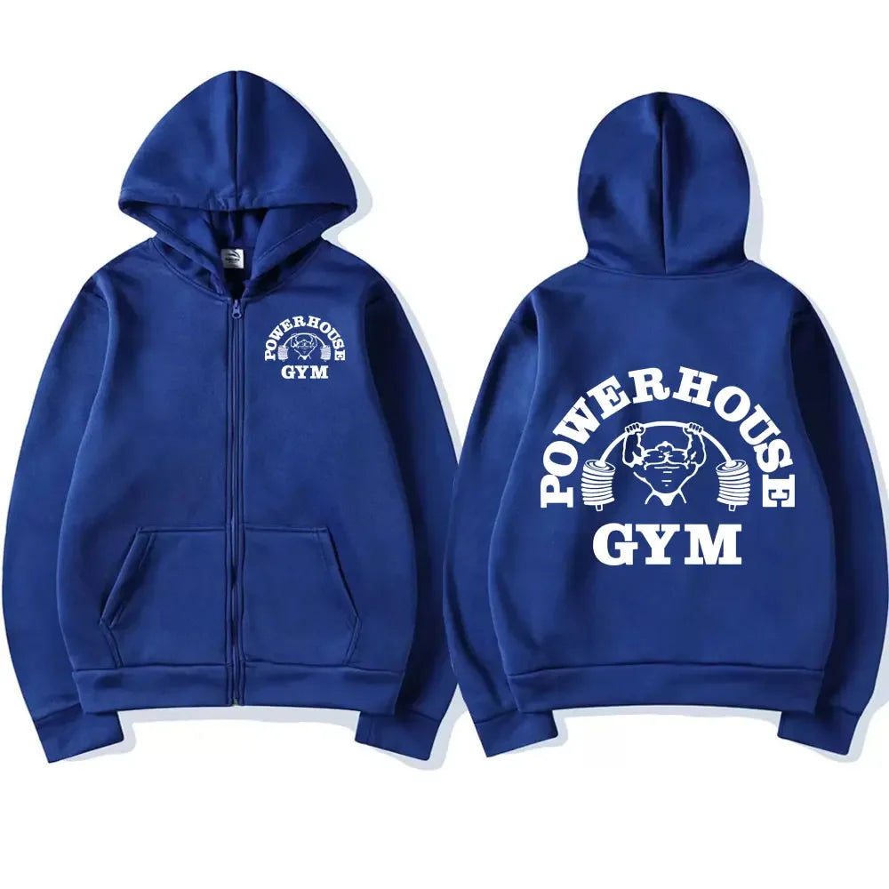 Powerhouse Gym Logo Zip Up Hoodie Harajuku Men's