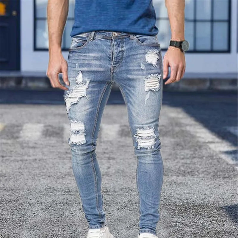 White Embroidery Jeans Men Cotton Stretchy Ripped Skinny