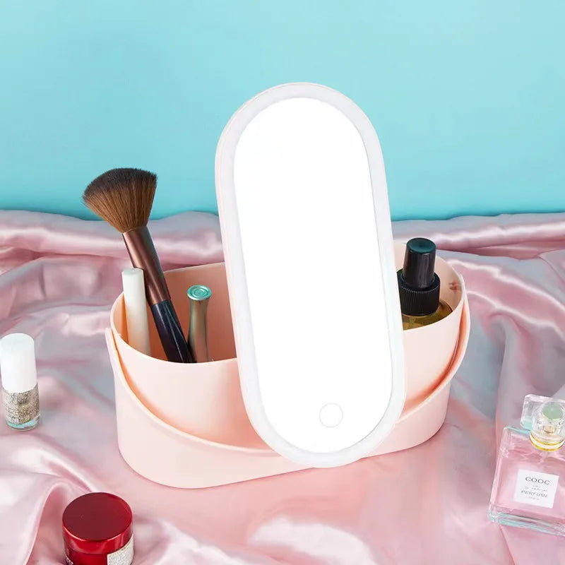 Makeup Organizer Box with LED Light Mirror Portable