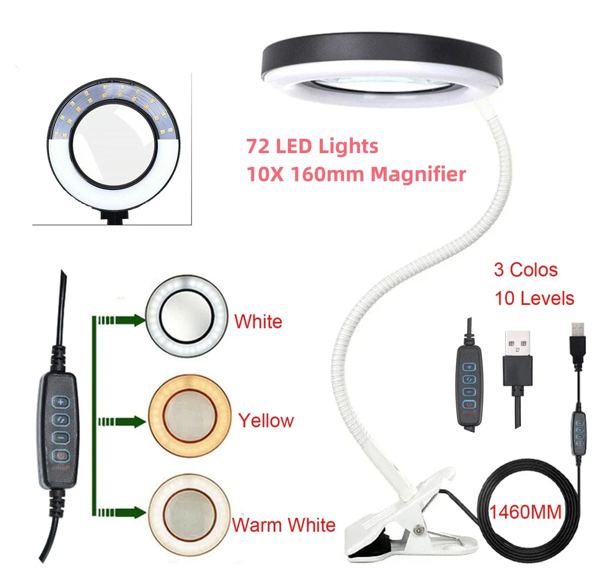 72LED 10X NEW Illuminated Magnifier USB 3 Colors