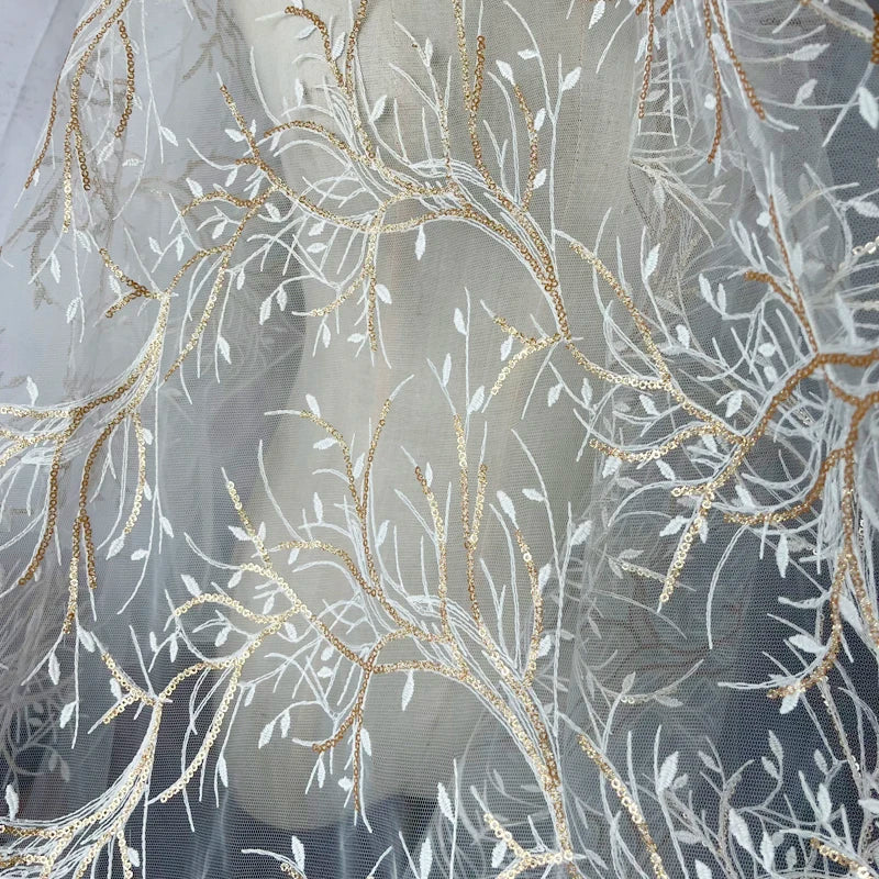 White lace Gold Beaded Embroidery Apparel Fabrics &