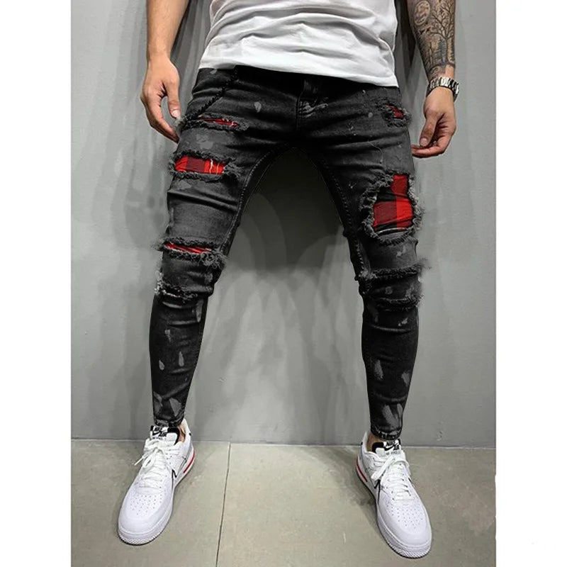 Men Jeans Knee Hole Ripped Stretch Skinny Denim