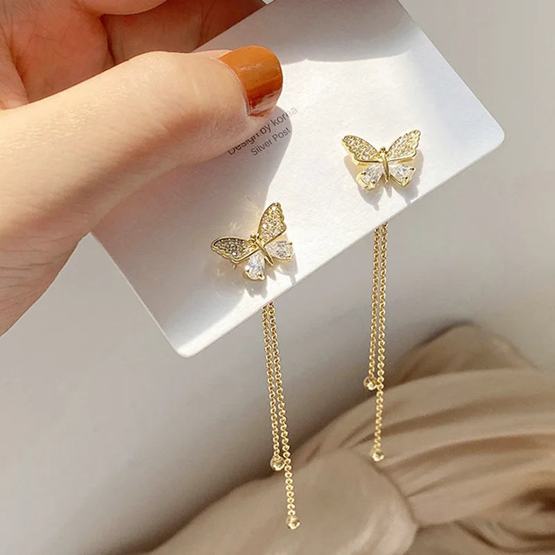 Butterfly Crystal Long Tassel Dangling Earrings For Women