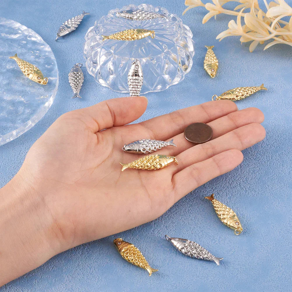 Pandahall 10Pcs Golden Fish Pendants Brass Cubic Zirconia