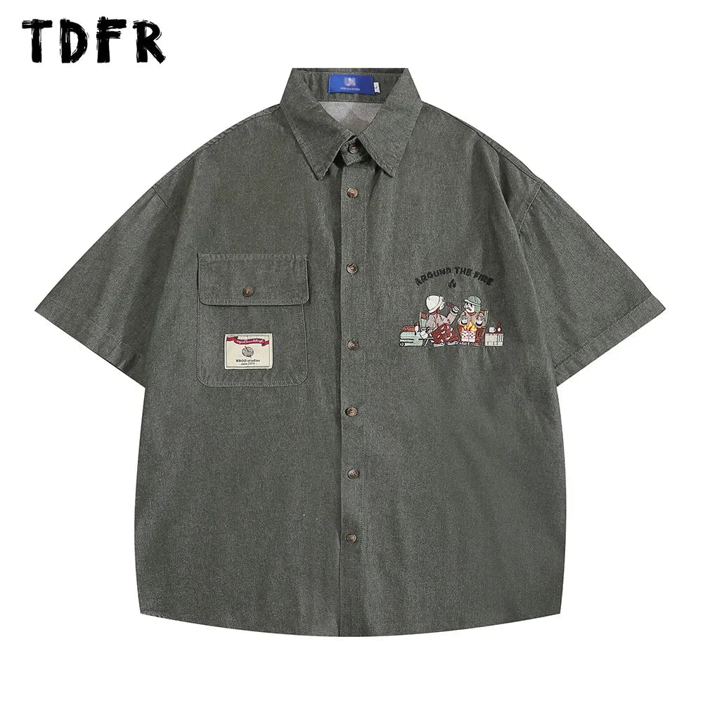 Embroidery Cargo Short Sleeve Shirts Mens Summer Vintage
